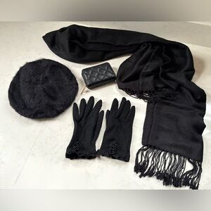 French Black Beret, Gloves, Scarf, and Wallet Set